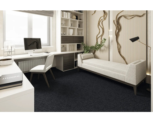 Bureau avec bureau, chaise, bibliothèque et méridienne sur moquette foncée