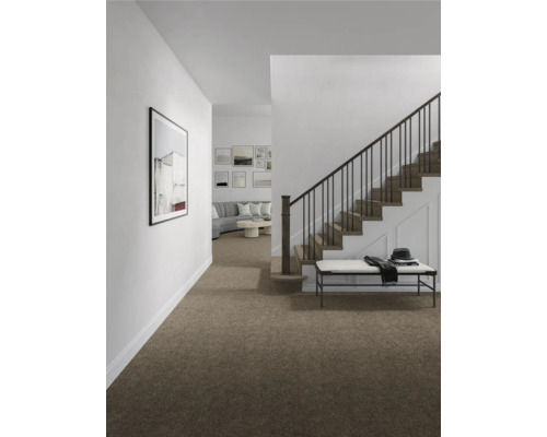 Couloir avec moquette, escalier et banc