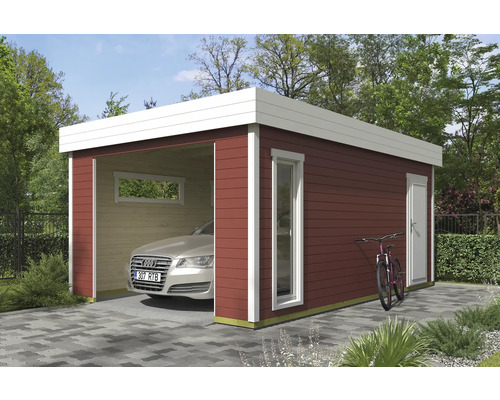 Einzelgarage Outdoor Life Bahamas 2 ohne Tor 380 x 560 cm schwedischrot Moderne Garage aus Holz mit Auto und Fahrrad