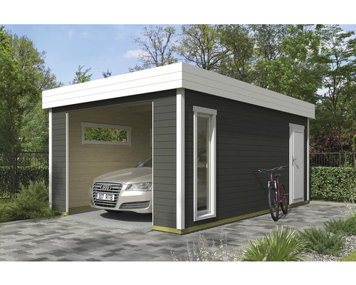 Garage individuel Outdoor Life Bahamas 2 sans portail 380 x 560 cm gris vert Garage moderne avec voiture, vélo et aménagement paysager