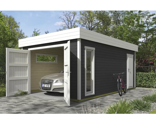 Einzelgarage Outdoor Life Bahamas 2 mit Holztor 380 x 560 cm carbongrau Holzgarage mit Auto, Fenster und Tür