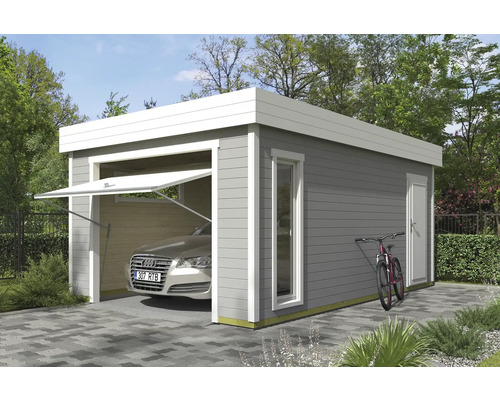 Einzelgarage Outdoor Life Bahamas 2 mit Schwingtor 380 x 560 cm hellgrau Moderne Garage aus Holz mit Schwingtor, Fenster und Tür im Garten