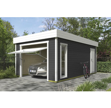 Garage moderne en bois avec porte basculante, porte latérale, fenêtre et voiture