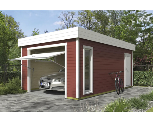 Garage en bois avec porte sectionnelle, fenêtre et porte dans le jardin