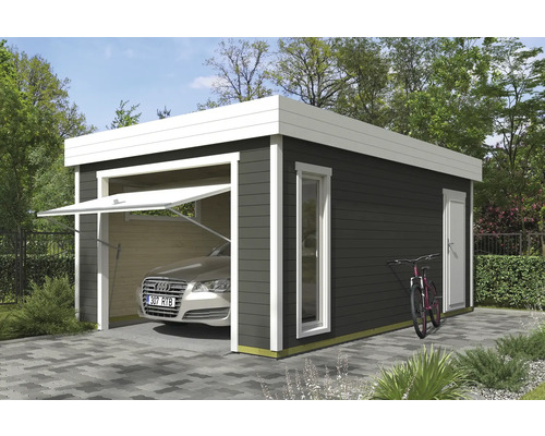 Garage en bois avec porte sectionnelle, porte secondaire et fenêtre