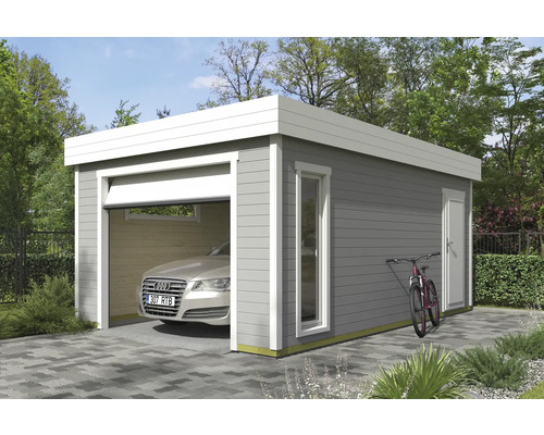 Garage moderne en bois avec porte sectionnelle, fenêtre et porte latérale. Une voiture est garée à l''intérieur et un vélo est appuyé sur le côté.