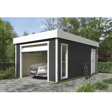 Garage moderne avec voiture, porte latérale, fenêtre et vélo
