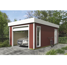 Garage moderne en bois avec porte sectionnelle, fenêtre et porte latérale.