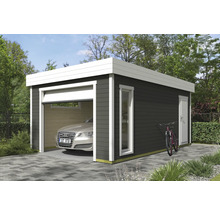 Garage moderne en bois avec porte sectionnelle, fenêtre et porte