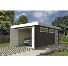 Holzgarage mit geöffneten Türen und Auto