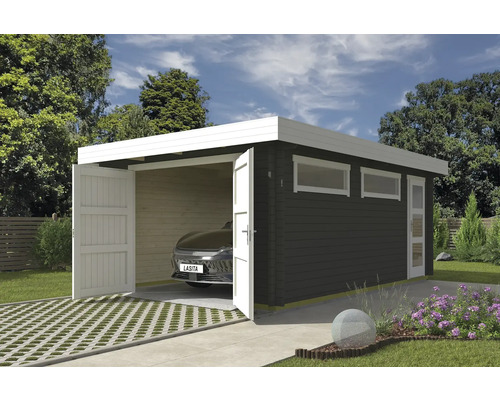 Einzelgarage Outdoor Life Canberra mit Holztor 422,7 x 600 cm graugrün Holzgarage mit geöffneten Türen und Auto