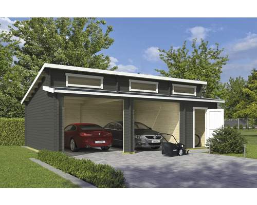 Doppelgarage Outdoor Life Hawaii 820 x 579,6 cm graugrün Doppelgarage aus Holz mit zwei Autos und einem Rasenmäher