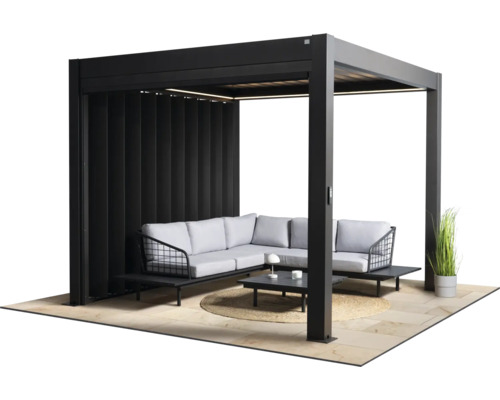 Pergola avec paroi à lamelles et coin salon sur terrasse
