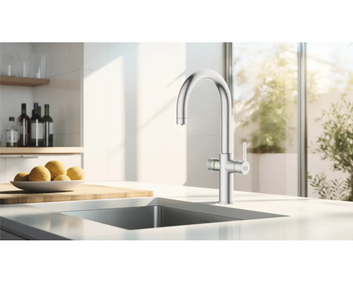 Scène de cuisine avec évier et robinet dans un design lumineux.