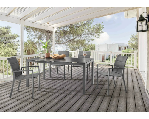 Ensemble de meubles de jardin Destiny Costa Cremona 4 places 5 pces anthracite, aluminium + Textilene + vitrocéramique, empilable Ensemble de salle à manger avec table et chaises sur une terrasse