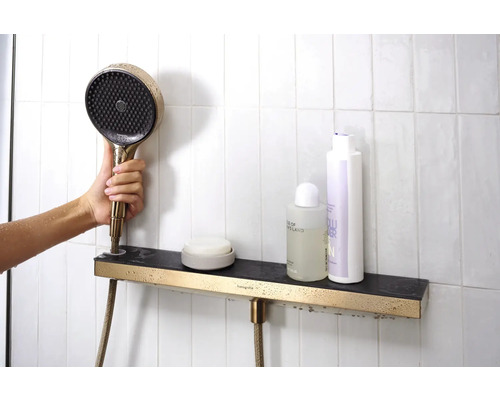 Handbrause und Badezimmerregal mit Pflegeprodukten an der Wand