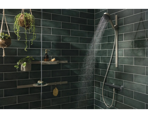 Badezimmer mit dunklen Fliesen, Duschkopf und Regalen