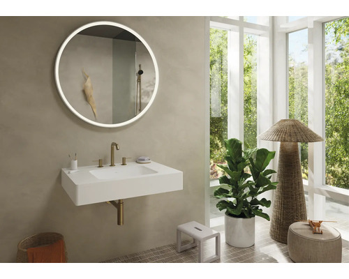 Salle de bains lumineuse avec miroir rond, lavabo, robinet et plantes d''intérieur.