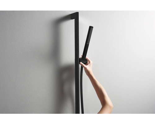 Duschset mit Handbrause an einer Duschstange an der Wand