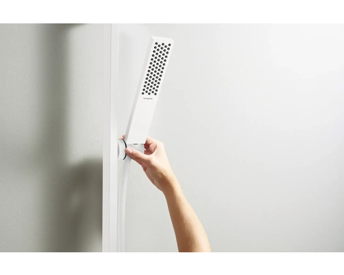 Handbrause mit Brauseschlauch in der Halterung, bedient von einer Hand