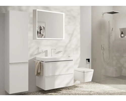 Badezimmer mit Waschbecken, Spiegelschrank, Hochschrank, Toilette und Dusche