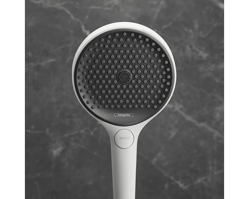 Handbrause mit verschiedenen Strahlarten und Hansgrohe Logo.