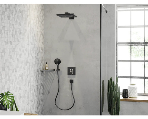 Modernes Badezimmer mit Dusche, Armaturen und dekorativen Elementen.