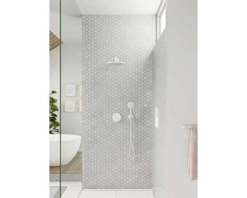 Badezimmer mit Dusche, ausgestattet mit Kopfbrause, Handbrause und Mosaikfliesen