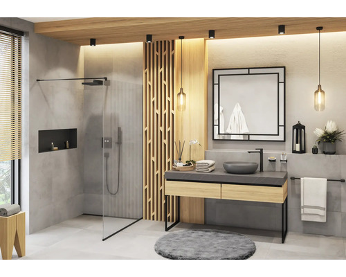 Modernes Badezimmer mit Dusche, Waschtisch und Spiegel