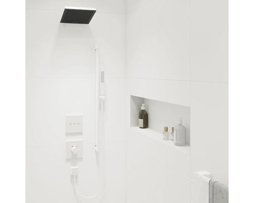 Dusche mit Regenduschkopf und Ablage für Duschutensilien