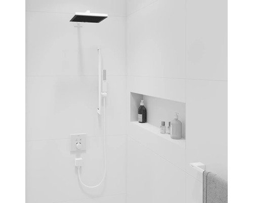 Badezimmer mit Kopfbrause, Handbrause, Ablagefach und Handtuchhalter