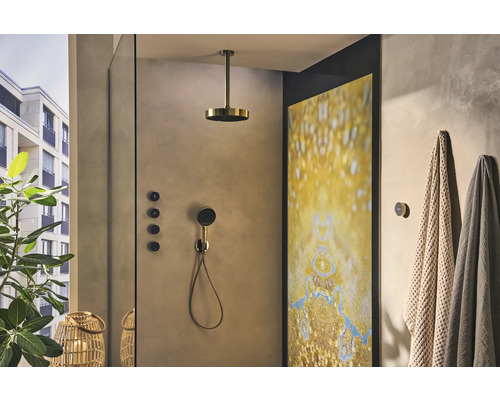 Moderne Dusche mit Regendusche, Handbrause und dekorativem Wandbild