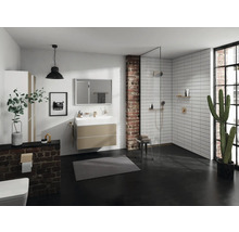 Salle de bain moderne avec lavabo, miroir, douche et mur en briques
