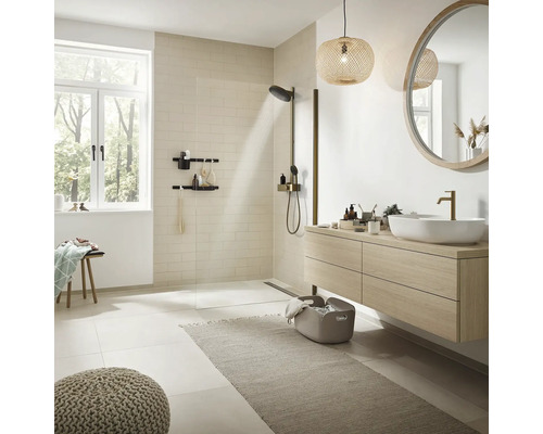 Salle de bains lumineuse avec douche, lavabo, miroir et éléments décoratifs pour un aménagement intérieur moderne.