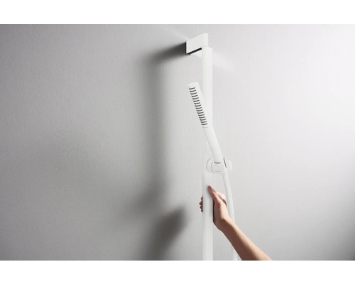 Duschsäule mit Handbrause und Brauseschlauch an einer Wand montiert