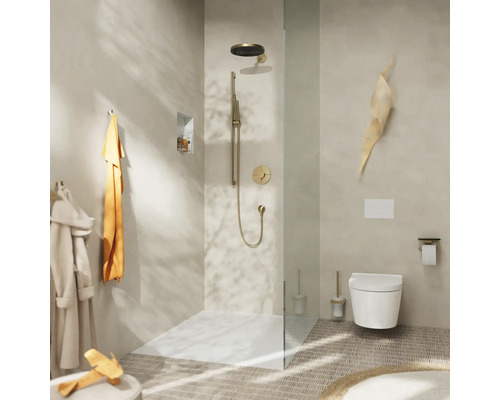 Badezimmer mit Dusche, Toilette und Accessoires in hellem Design