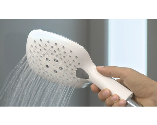 Handbrause mit Wasserstrahl in der Hand