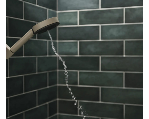 Handbrause mit laufendem Wasser vor Fliesenwand