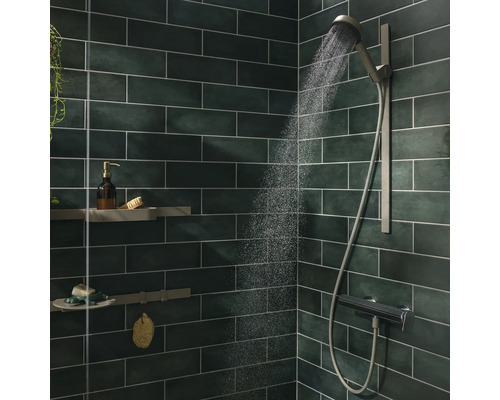 Badezimmer mit dunkelgrünen Fliesen, Duschkopf und Ablageregalen