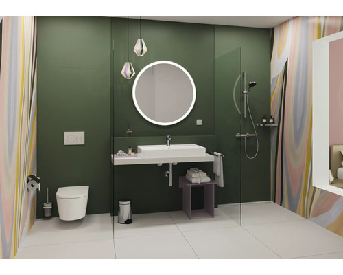 Modernes Badezimmer mit Waschtisch, Spiegel, Dusche und Toilette