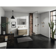 Salle de bain lumineuse avec douche, meuble sous-lavabo, miroir et plante pour une atmosphère conviviale.