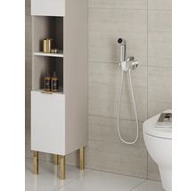 Badezimmeransicht mit einem Hochschrank, einer Bidetdusche und einer Toilette.
