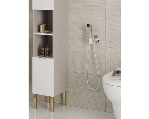 Badezimmeransicht mit einem Hochschrank, einer Bidetdusche und einer Toilette.
