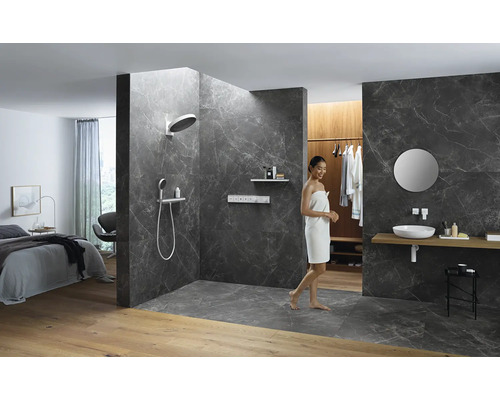 Modernes Badezimmer mit Dusche, Waschbecken und Schlafbereich.