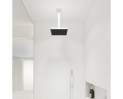 Badezimmer mit Deckenbrause, Handbrause und Kosmetikprodukten