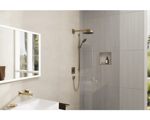 Modernes Badezimmer mit Dusche, Waschtisch und Spiegel