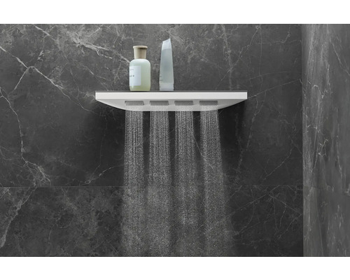 Regendusche mit Ablage und Duschutensilien im Badezimmer