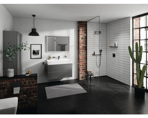 Badezimmer mit Dusche, Waschtisch, Spiegel und Dekoration im industriellen Stil