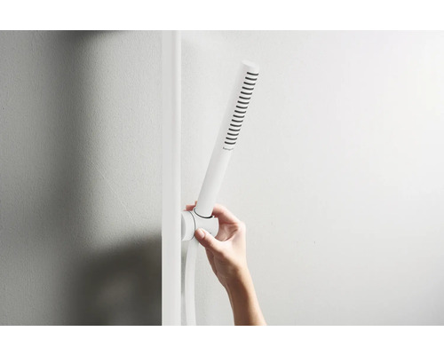 Hand hält eine Handbrause in einem Badezimmer