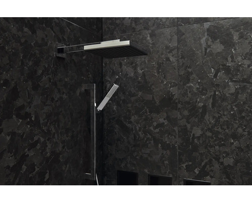 Pomme de douche et douchette à main devant un mur en pierre sombre